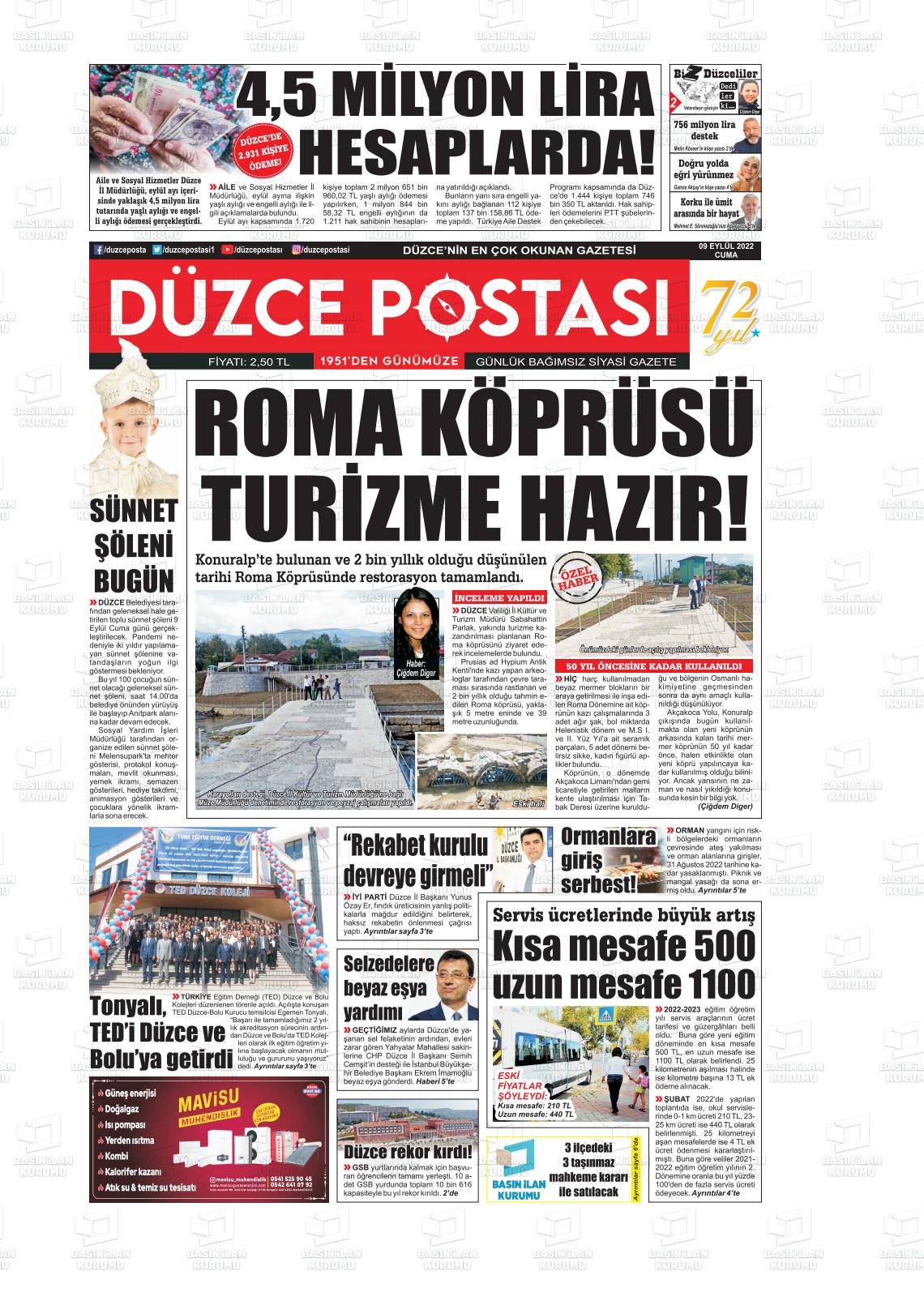 09 Eylül 2022 Düzce Postası Gazete Manşeti