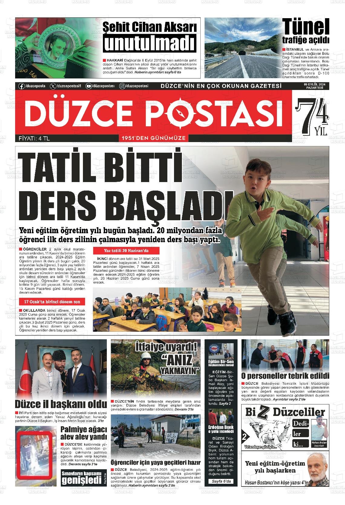 09 Eylül 2024 Düzce Postası Gazete Manşeti