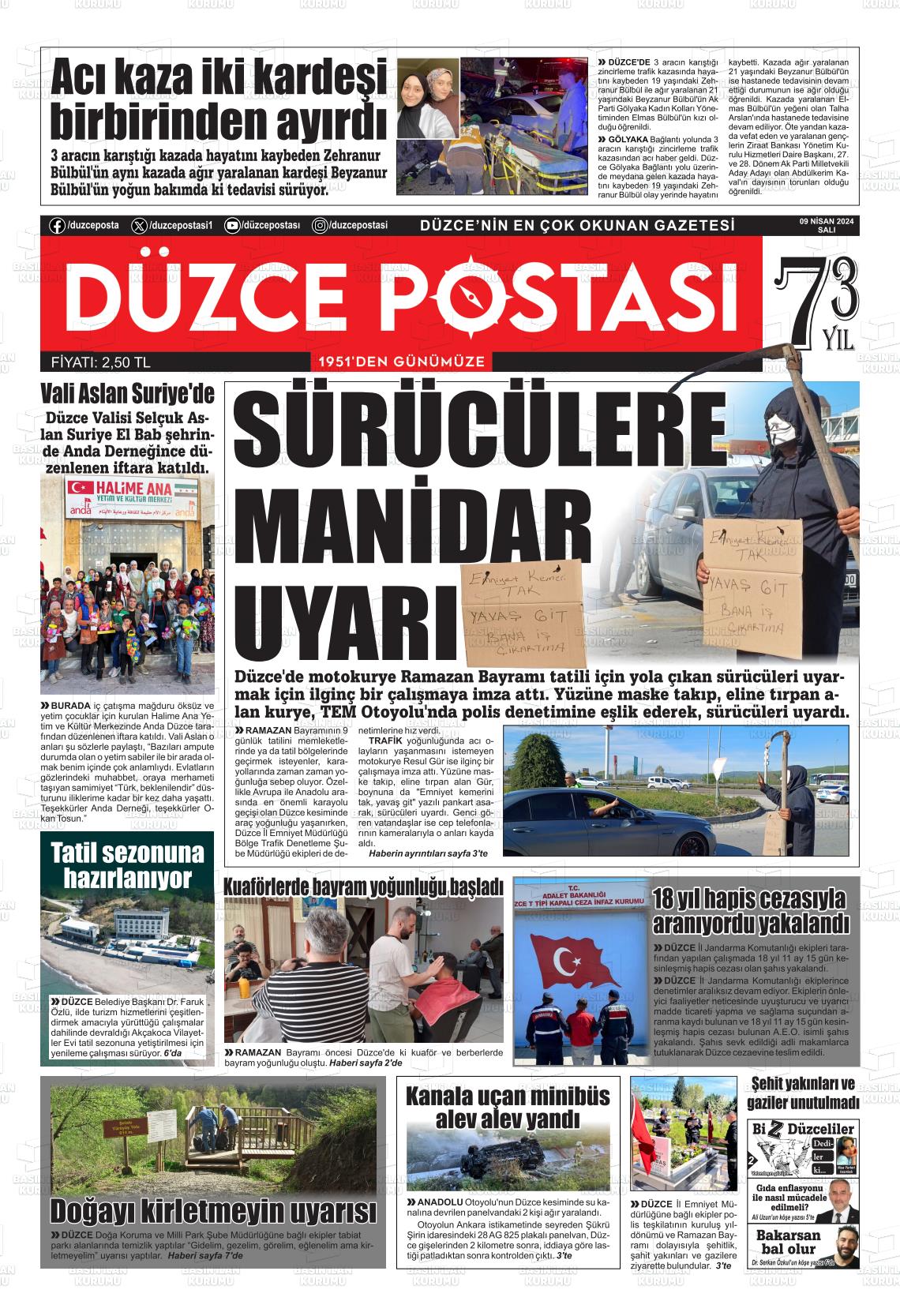 09 Nisan 2024 Düzce Postası Gazete Manşeti