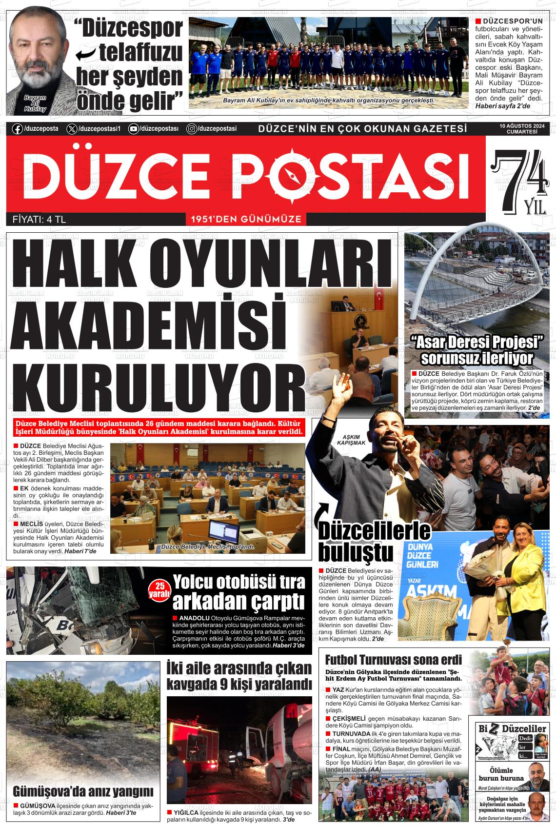 10 Ağustos 2024 Düzce Postası Gazete Manşeti