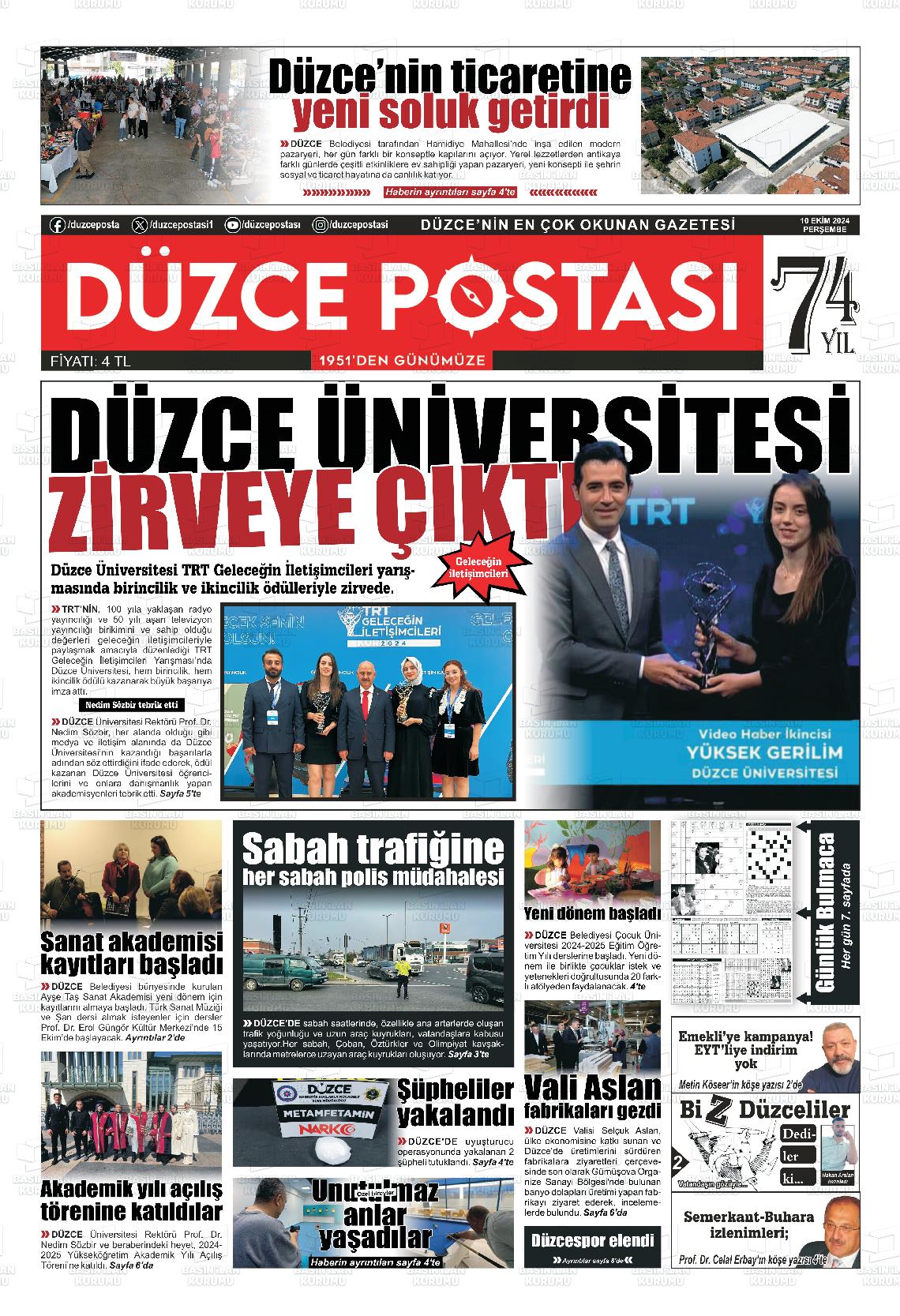 10 Ekim 2024 Düzce Postası Gazete Manşeti