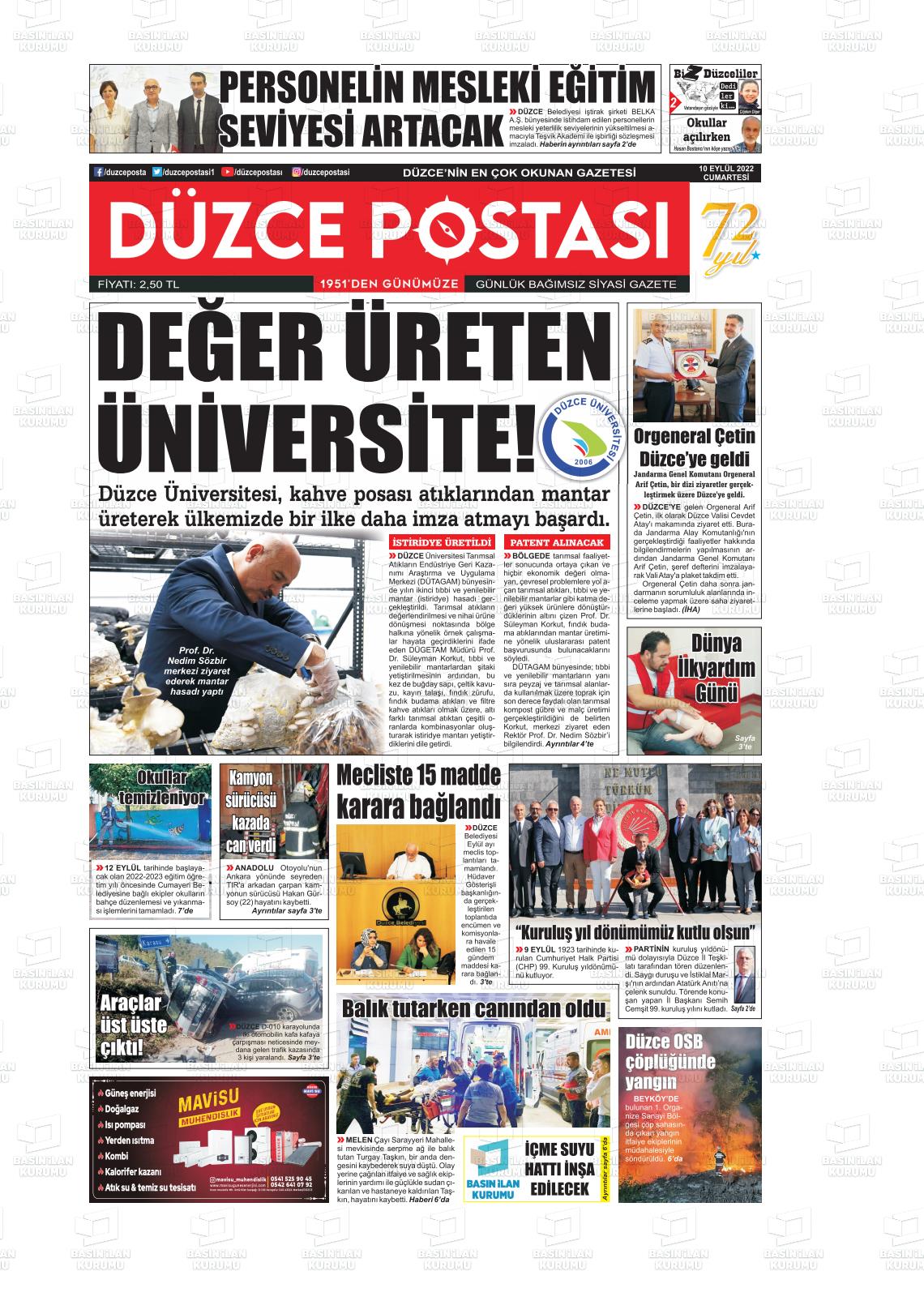 08 Kasım 2022 Düzce Postası Gazete Manşeti