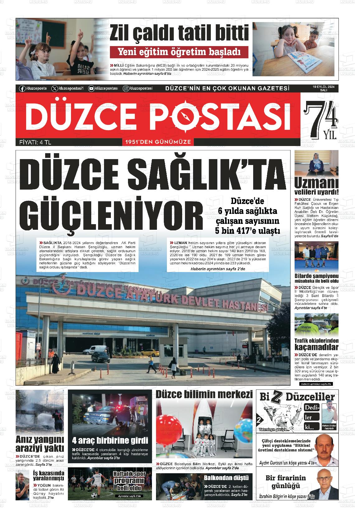 10 Eylül 2024 Düzce Postası Gazete Manşeti