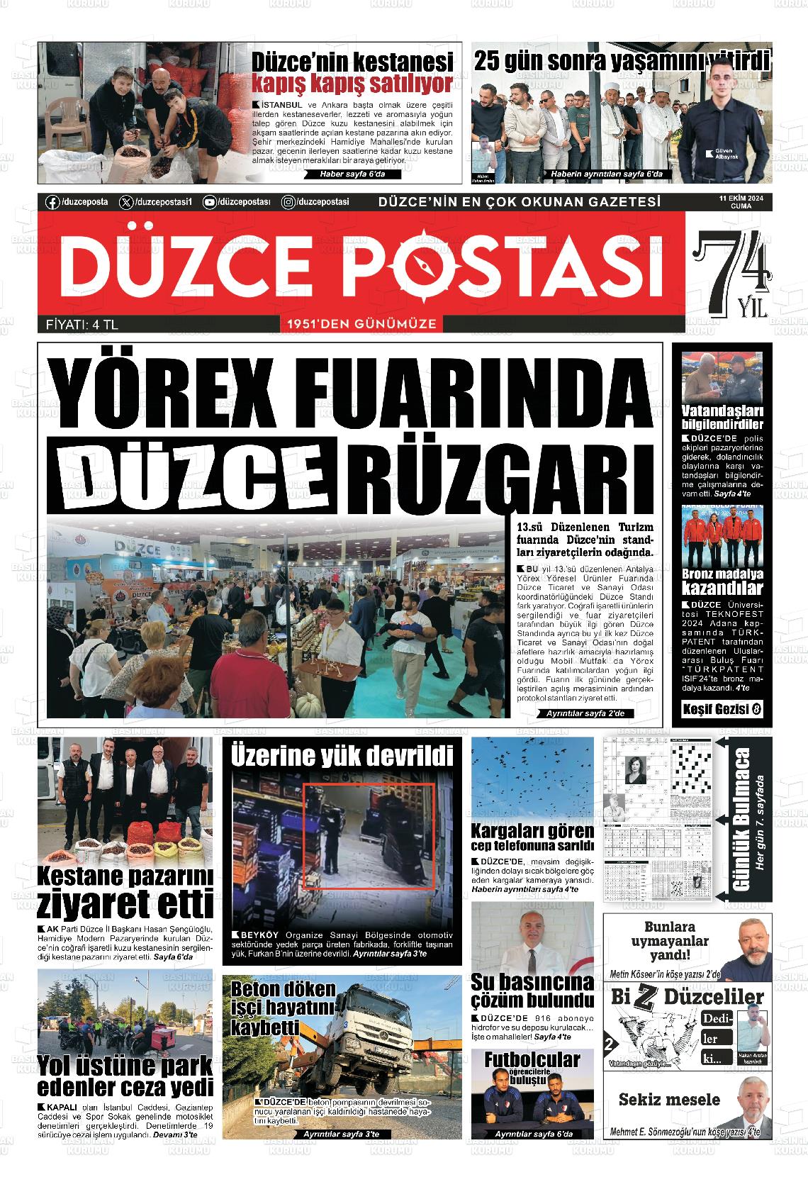 11 Ekim 2024 Düzce Postası Gazete Manşeti