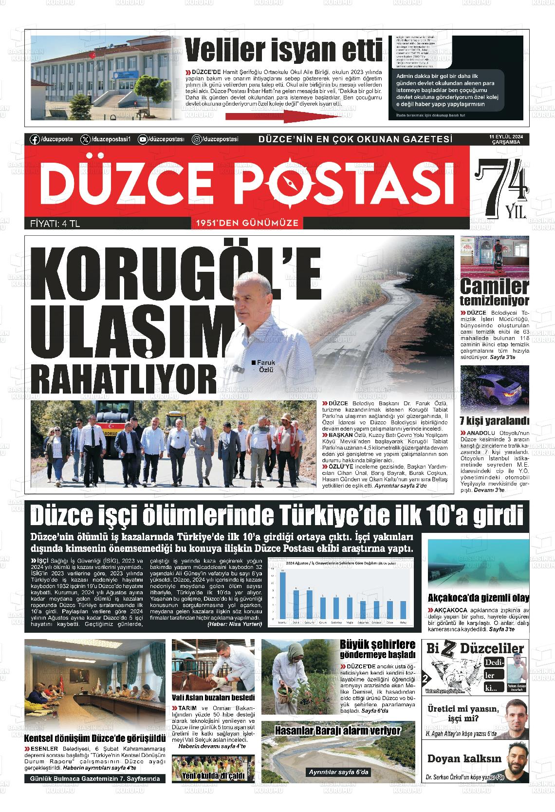 11 Eylül 2024 Düzce Postası Gazete Manşeti