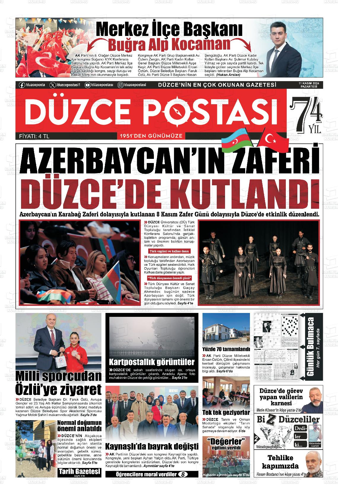 11 Kasım 2024 Düzce Postası Gazete Manşeti