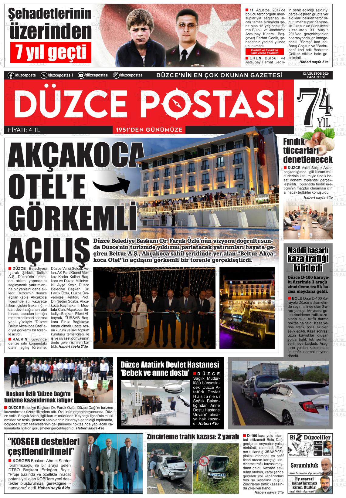 12 Ağustos 2024 Düzce Postası Gazete Manşeti