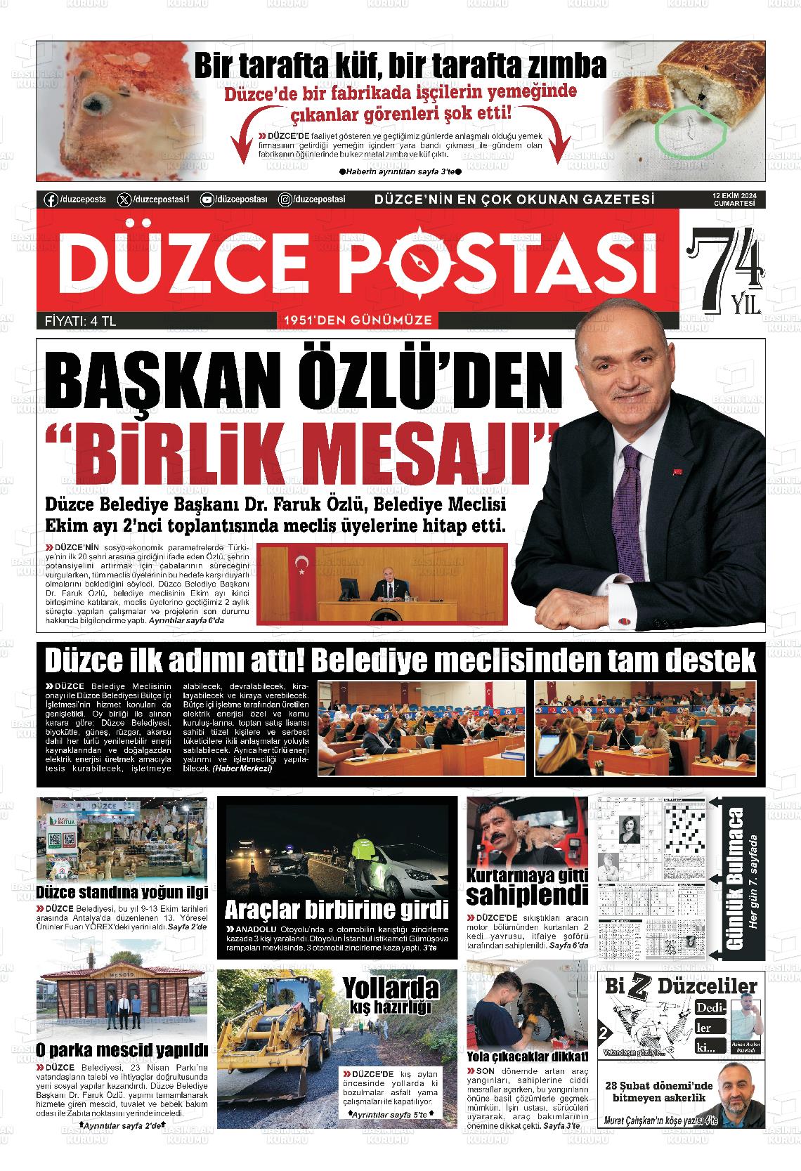 12 Ekim 2024 Düzce Postası Gazete Manşeti