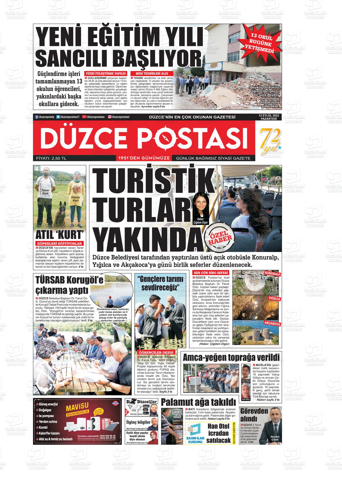 10 Kasım 2022 Düzce Postası Gazete Manşeti