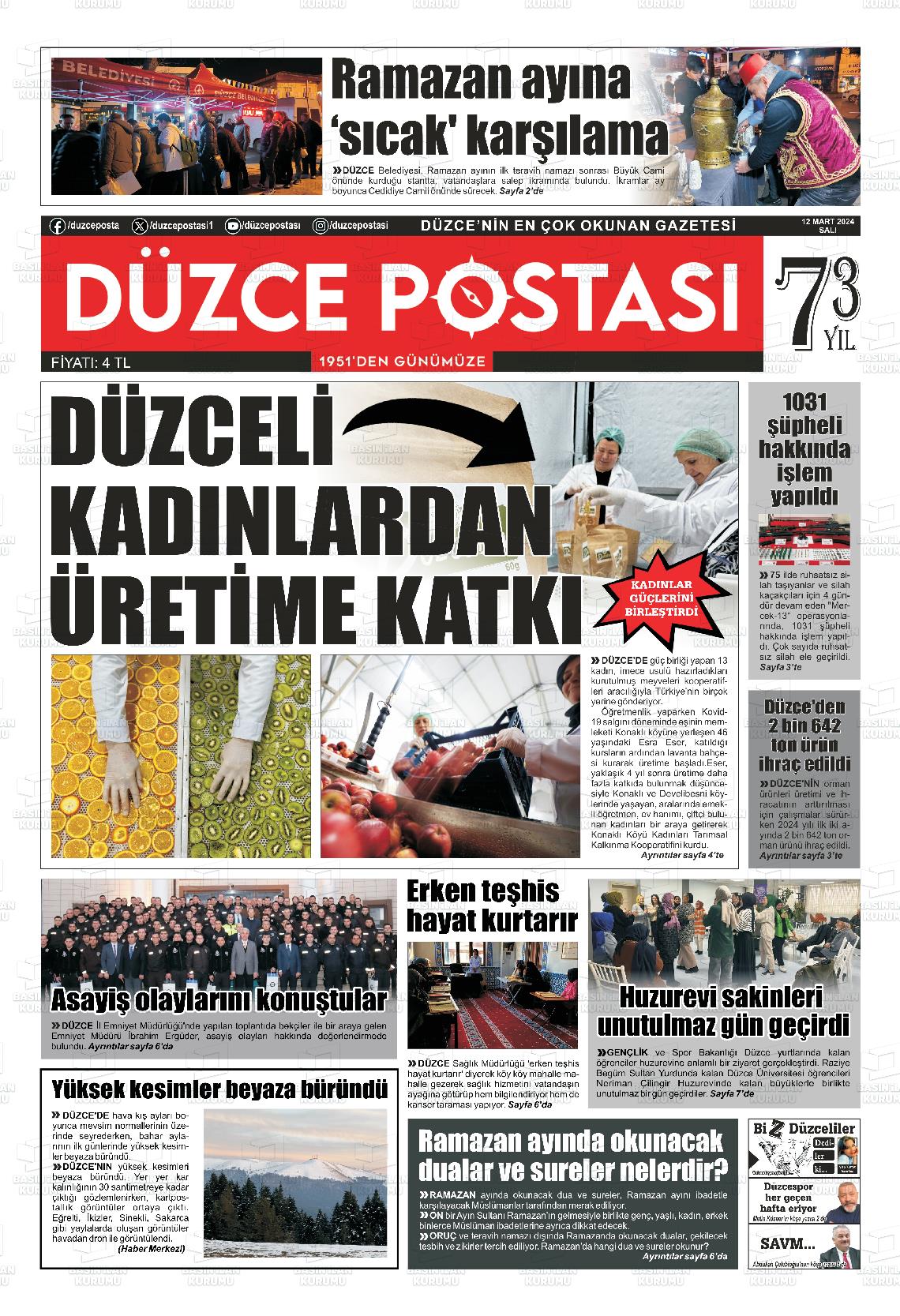 12 Mart 2024 Düzce Postası Gazete Manşeti