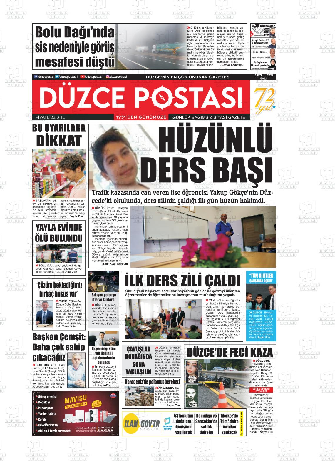 11 Kasım 2022 Düzce Postası Gazete Manşeti