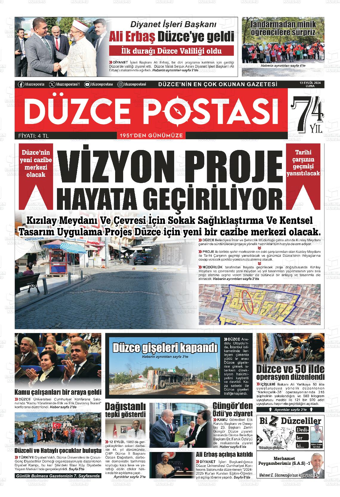 13 Eylül 2024 Düzce Postası Gazete Manşeti