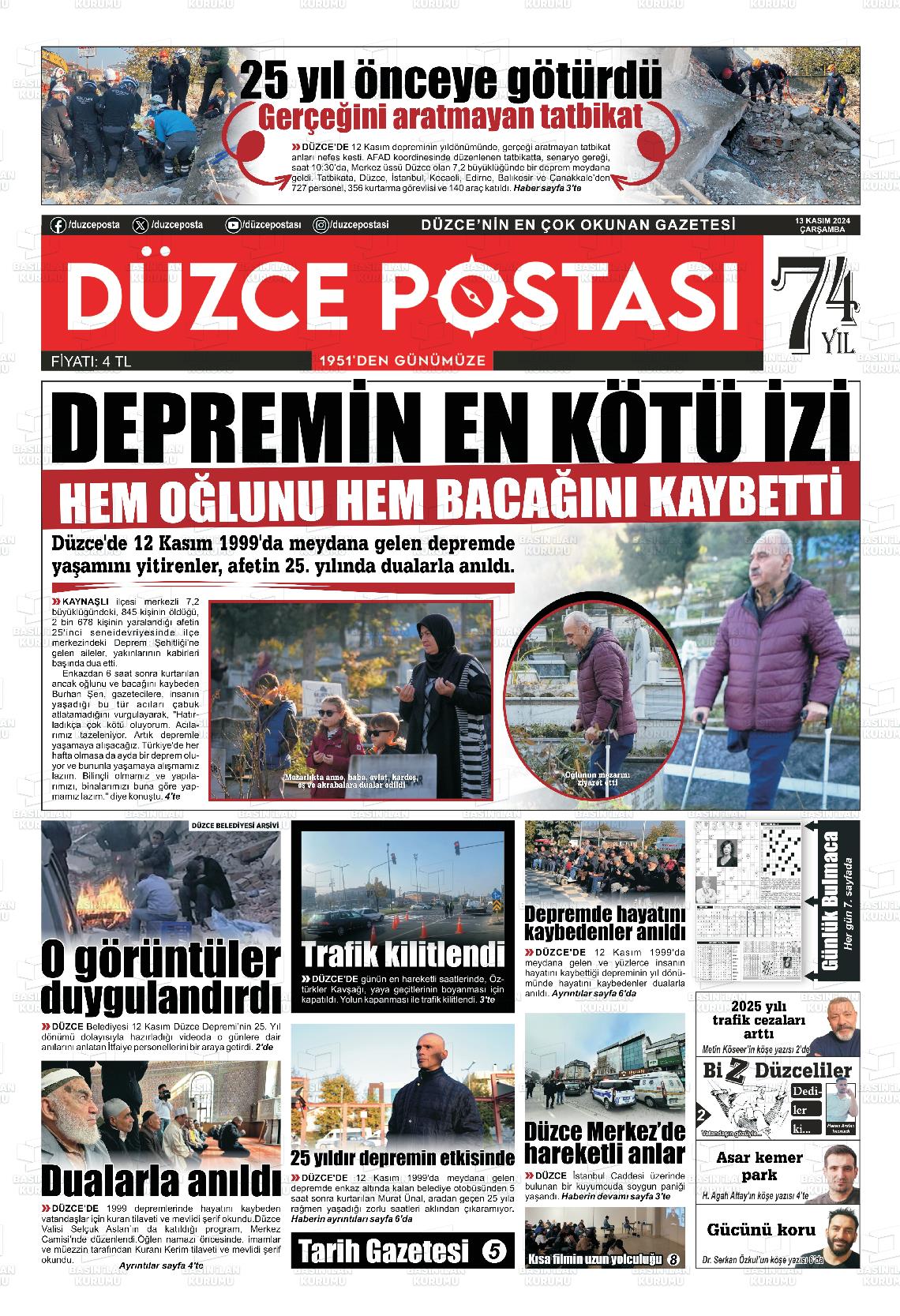 13 Kasım 2024 Düzce Postası Gazete Manşeti