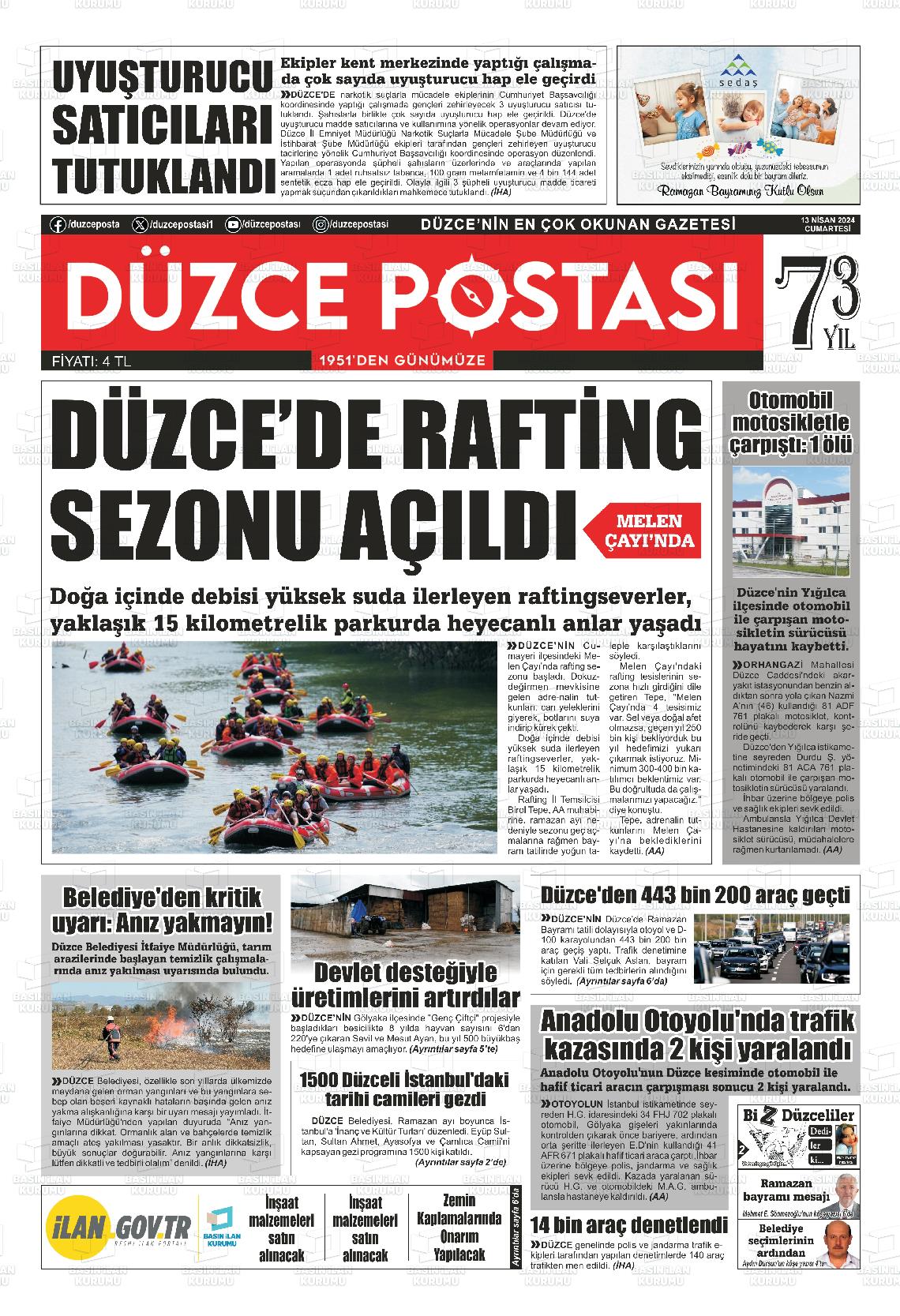 13 Nisan 2024 Düzce Postası Gazete Manşeti