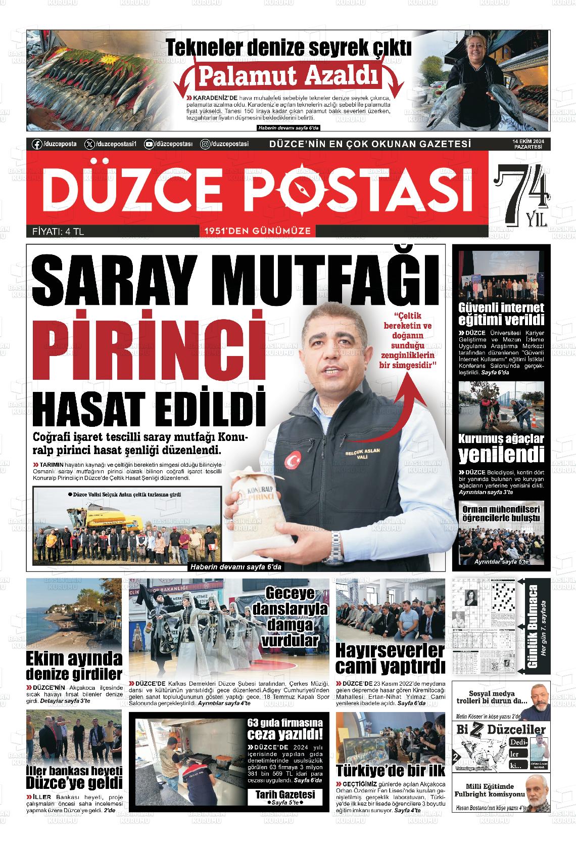 14 Ekim 2024 Düzce Postası Gazete Manşeti