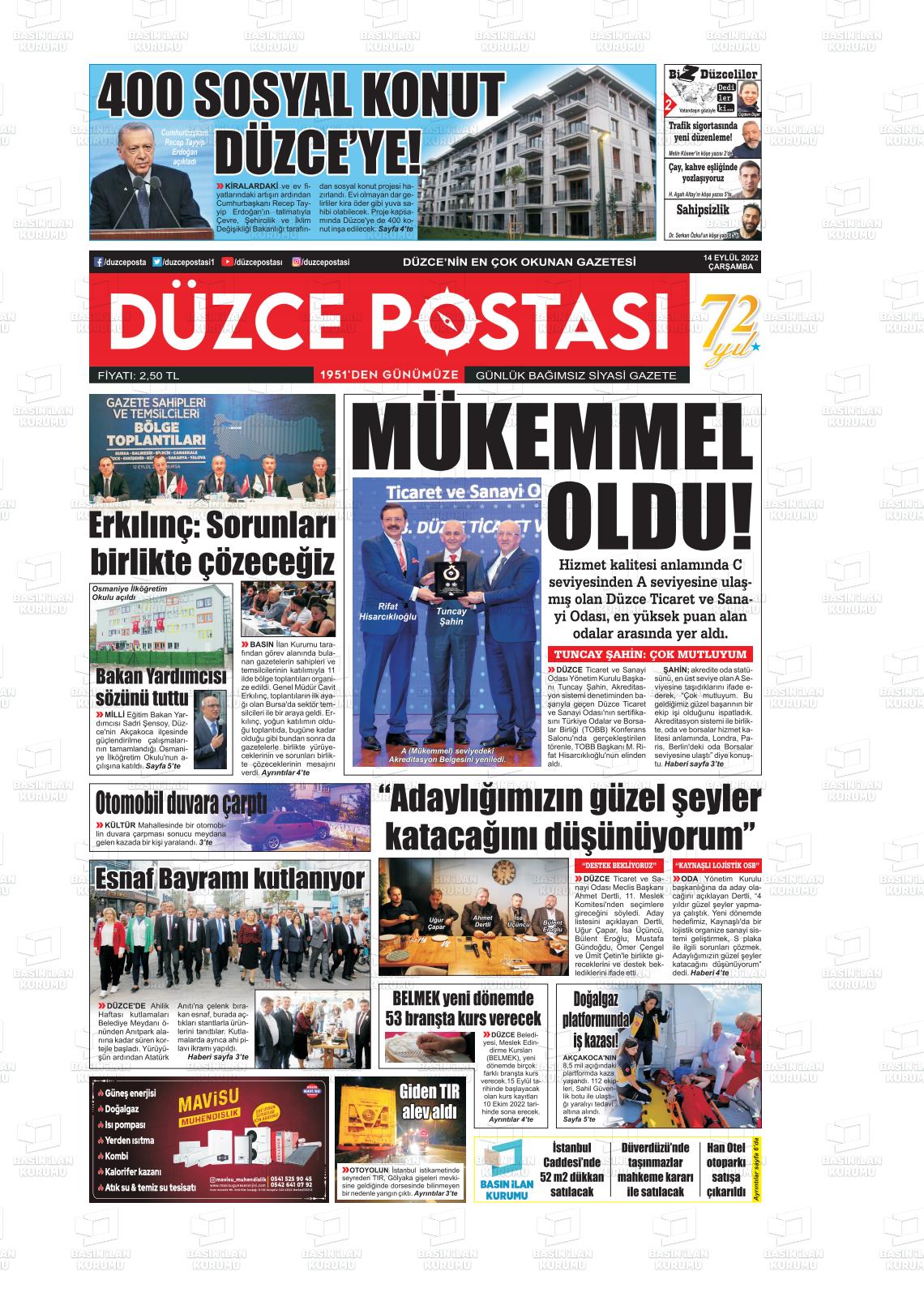 14 Eylül 2022 Düzce Postası Gazete Manşeti