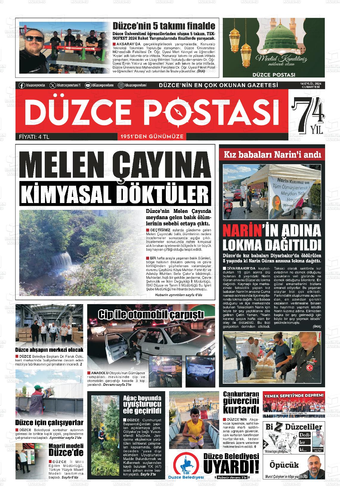 14 Eylül 2024 Düzce Postası Gazete Manşeti