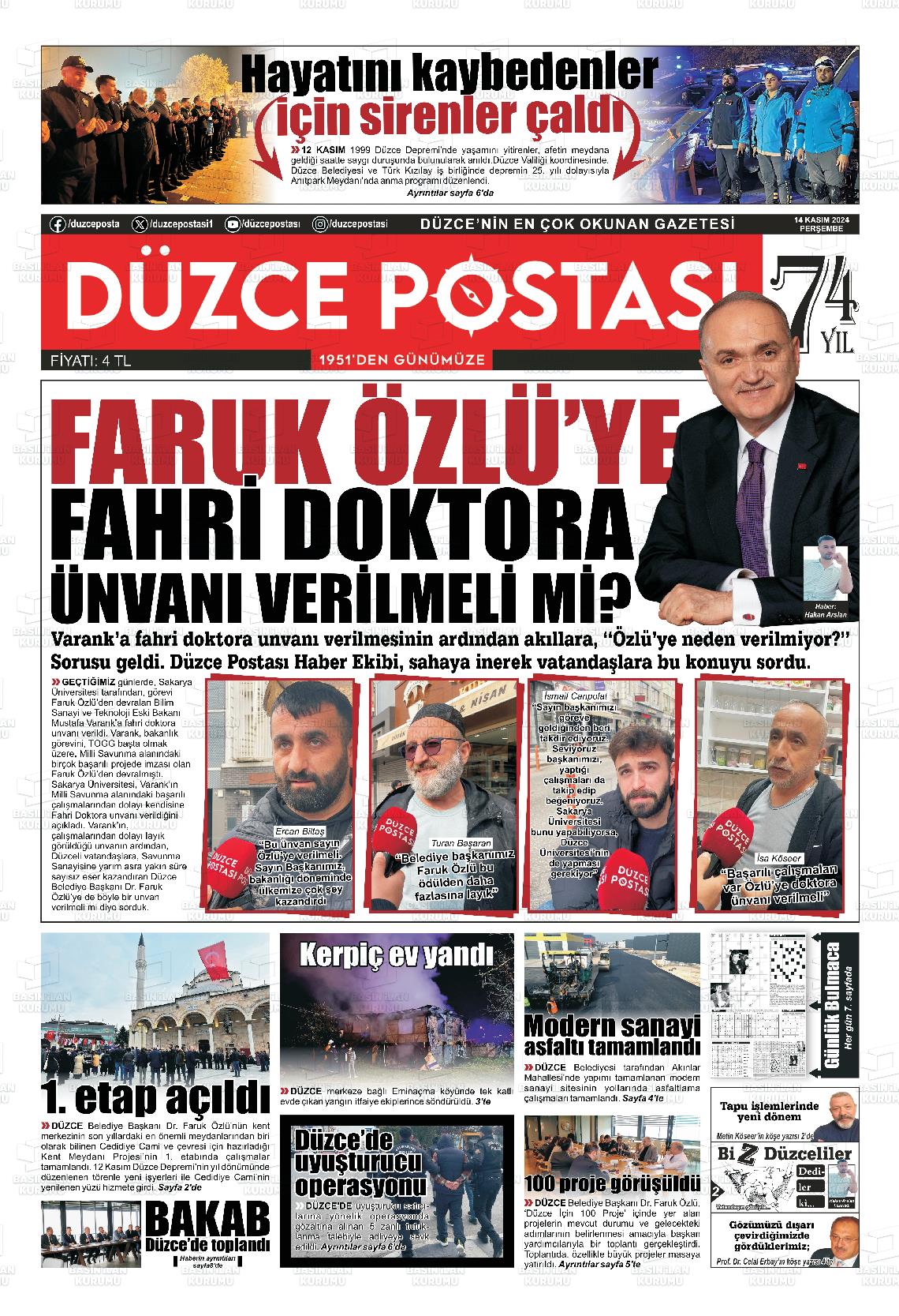 14 Kasım 2024 Düzce Postası Gazete Manşeti