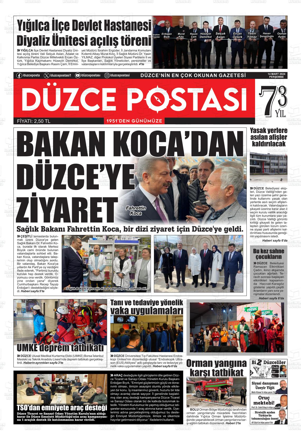 14 Mart 2024 Düzce Postası Gazete Manşeti