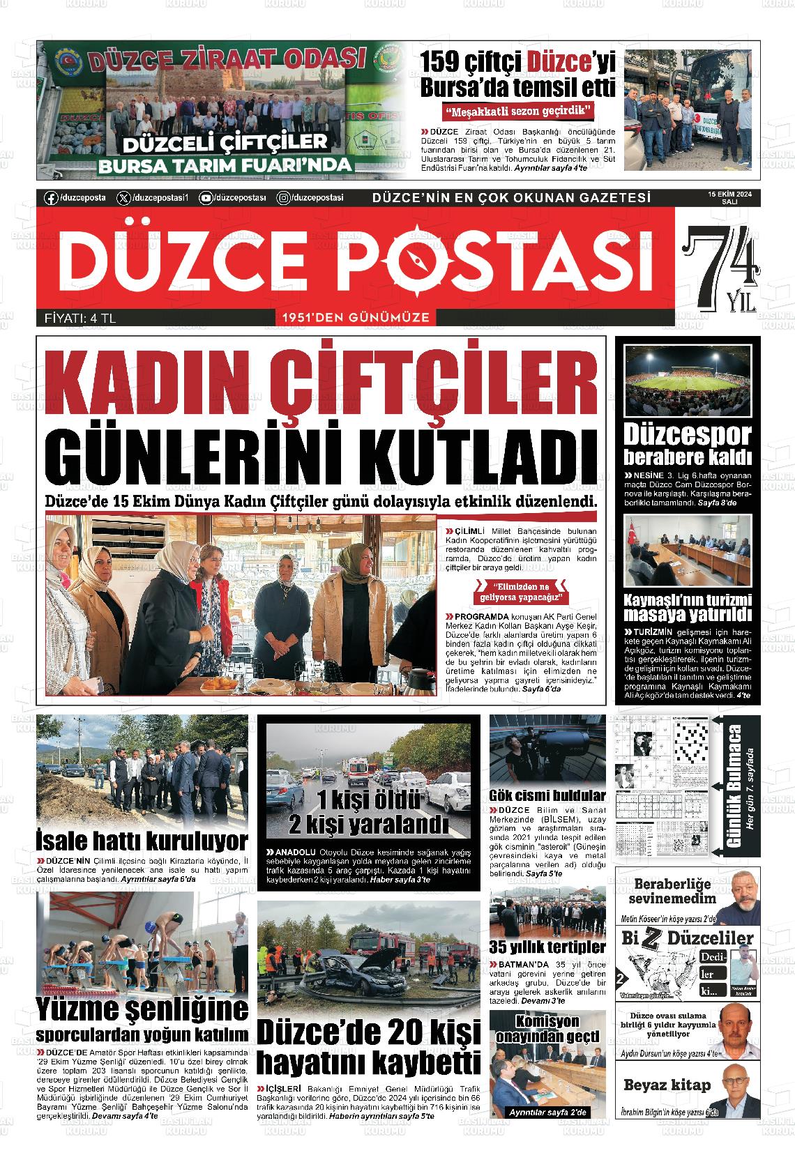 15 Ekim 2024 Düzce Postası Gazete Manşeti