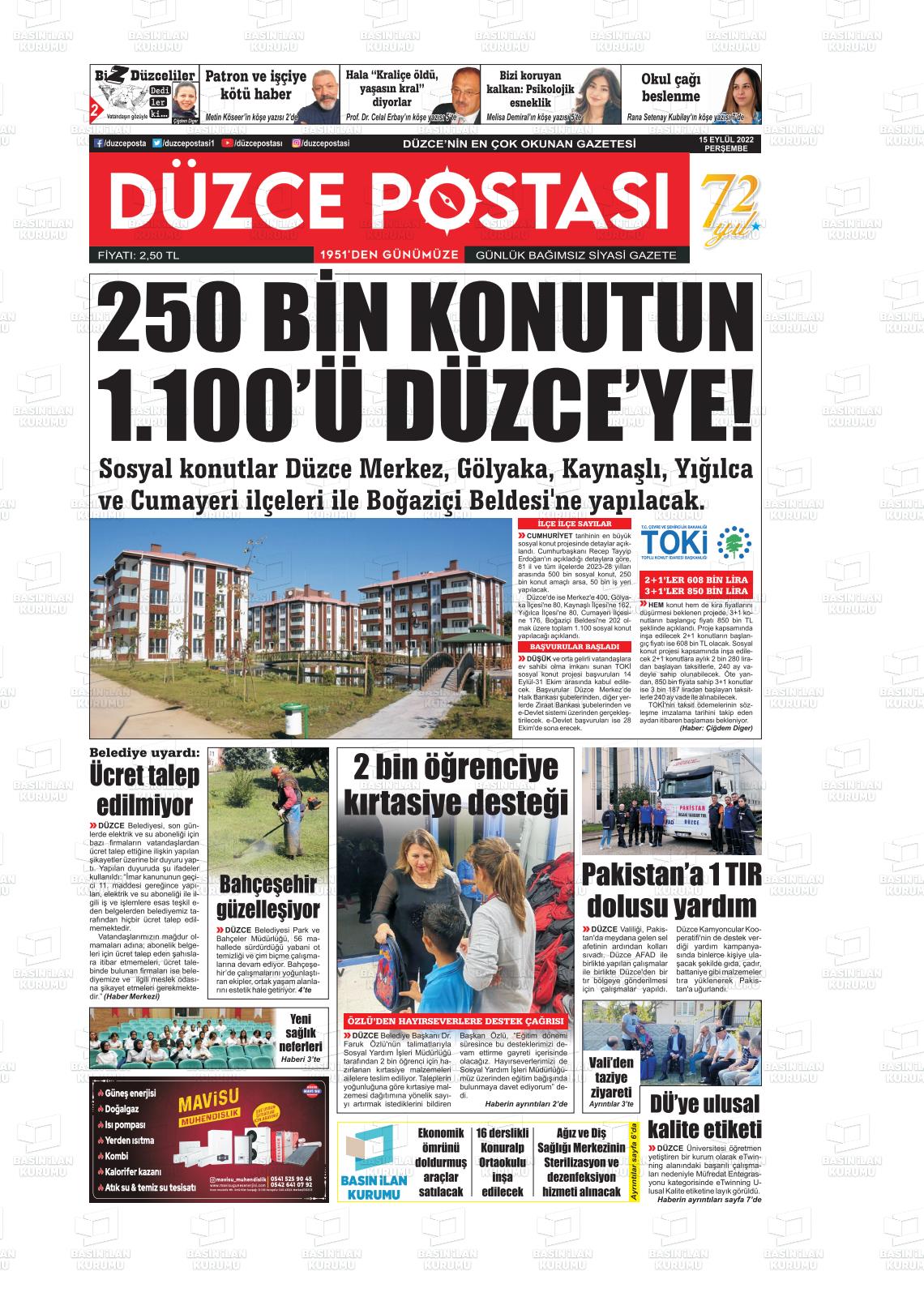 15 Eylül 2022 Düzce Postası Gazete Manşeti