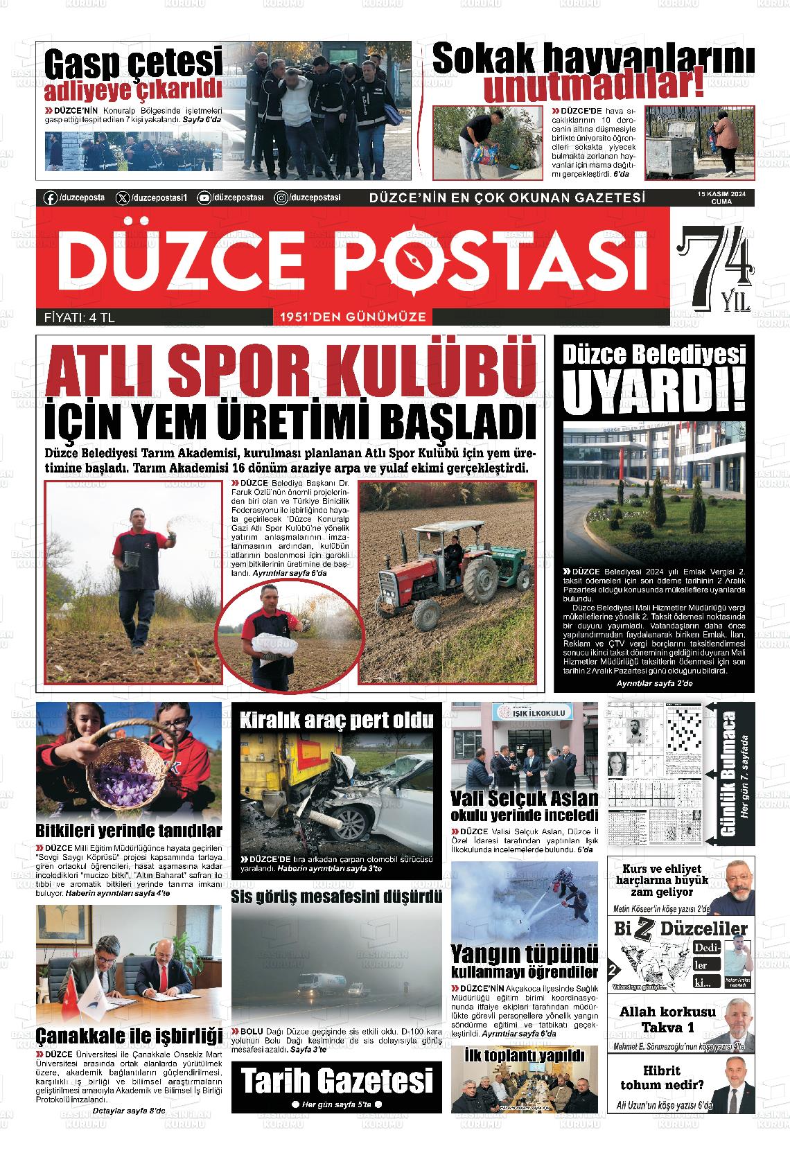 15 Kasım 2024 Düzce Postası Gazete Manşeti