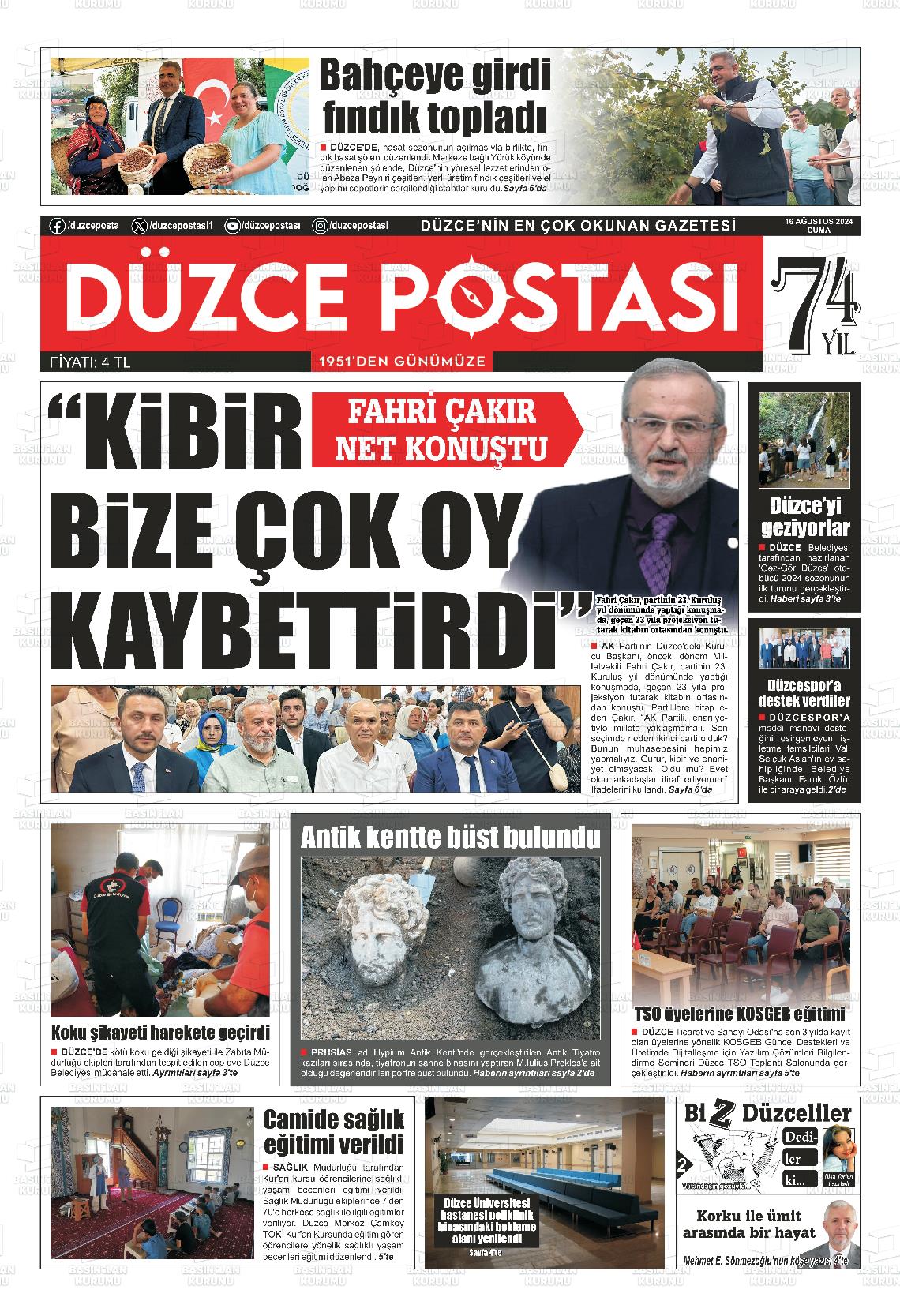 16 Ağustos 2024 Düzce Postası Gazete Manşeti