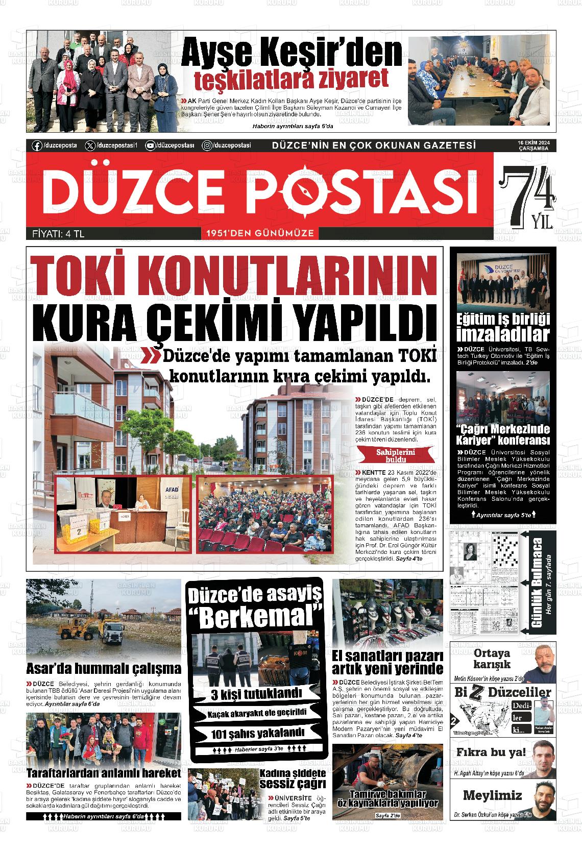 16 Ekim 2024 Düzce Postası Gazete Manşeti