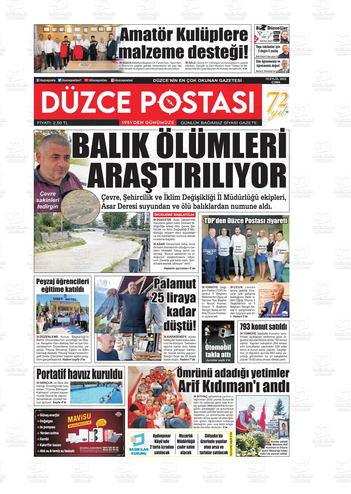 14 Kasım 2022 Düzce Postası Gazete Manşeti