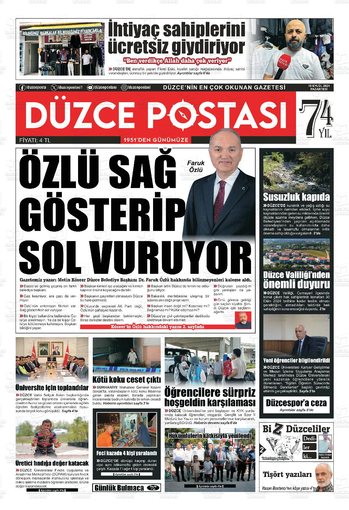 16 Eylül 2024 Düzce Postası Gazete Manşeti