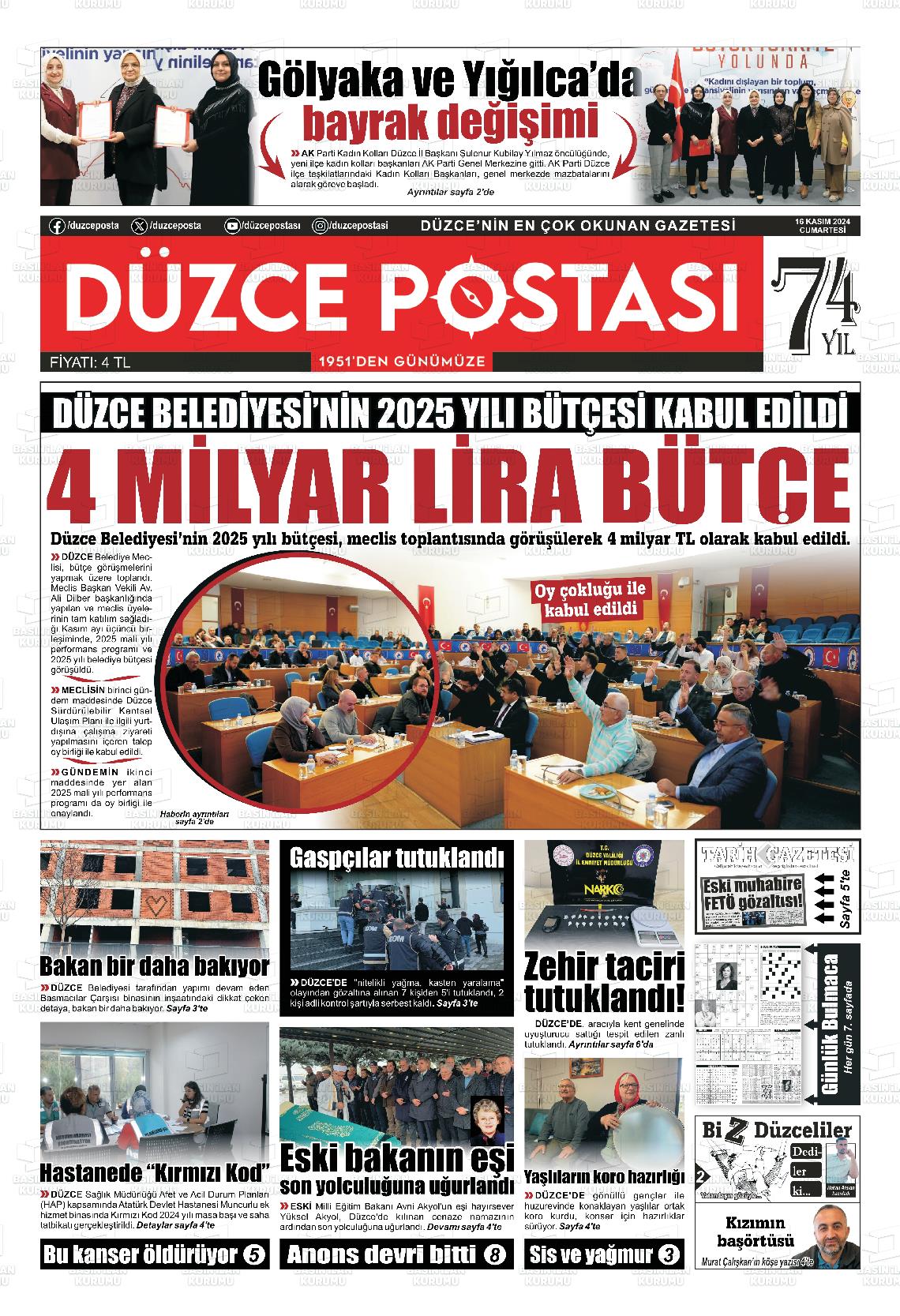 16 Kasım 2024 Düzce Postası Gazete Manşeti