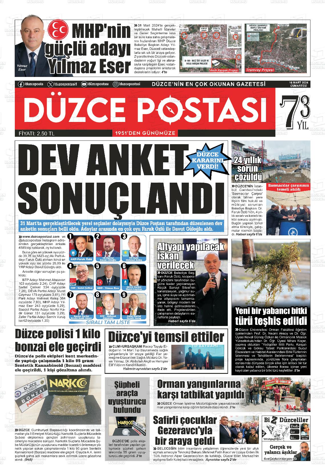 16 Mart 2024 Düzce Postası Gazete Manşeti