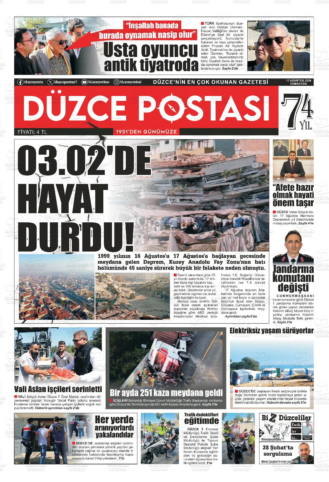 17 Ağustos 2024 Düzce Postası Gazete Manşeti