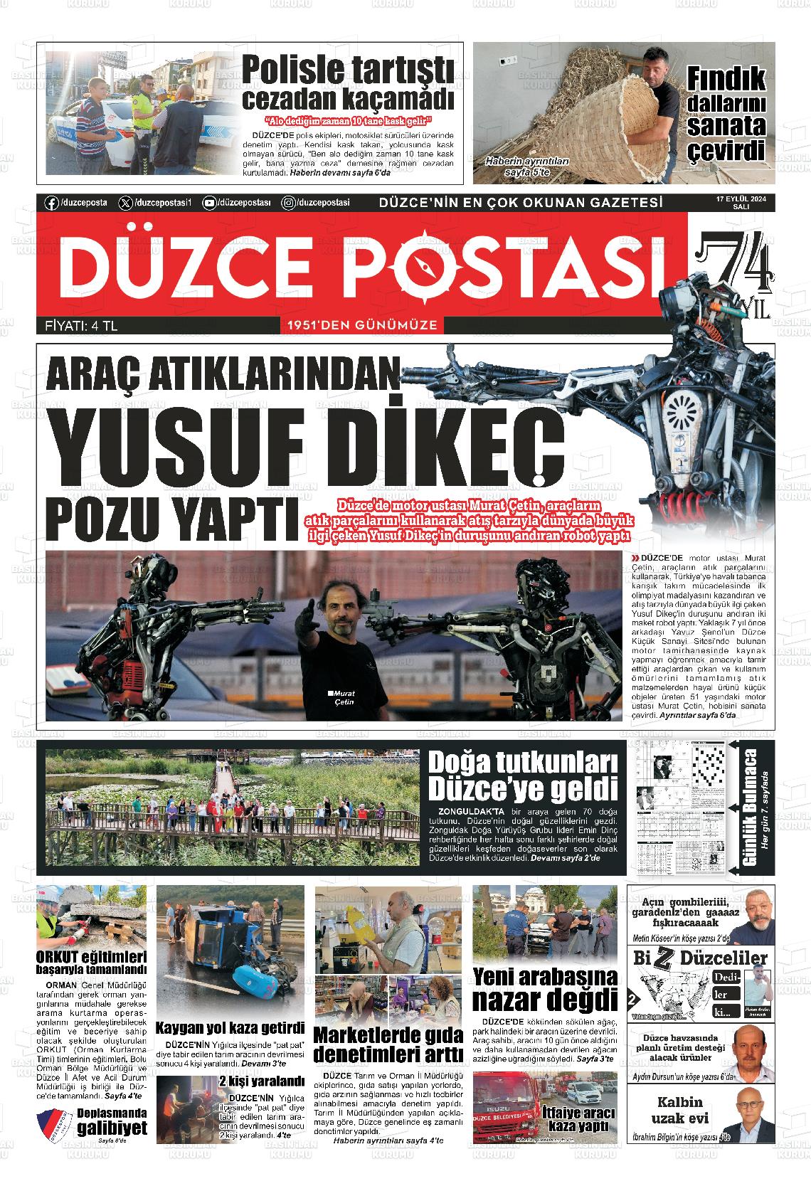 17 Eylül 2024 Düzce Postası Gazete Manşeti