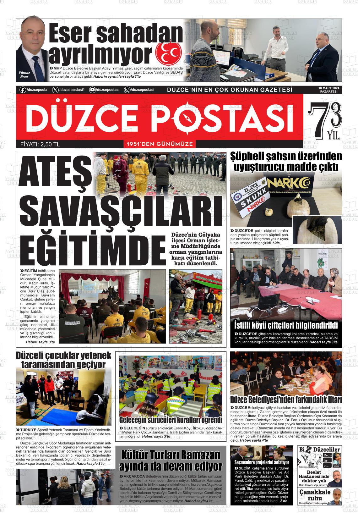 18 Mart 2024 Düzce Postası Gazete Manşeti