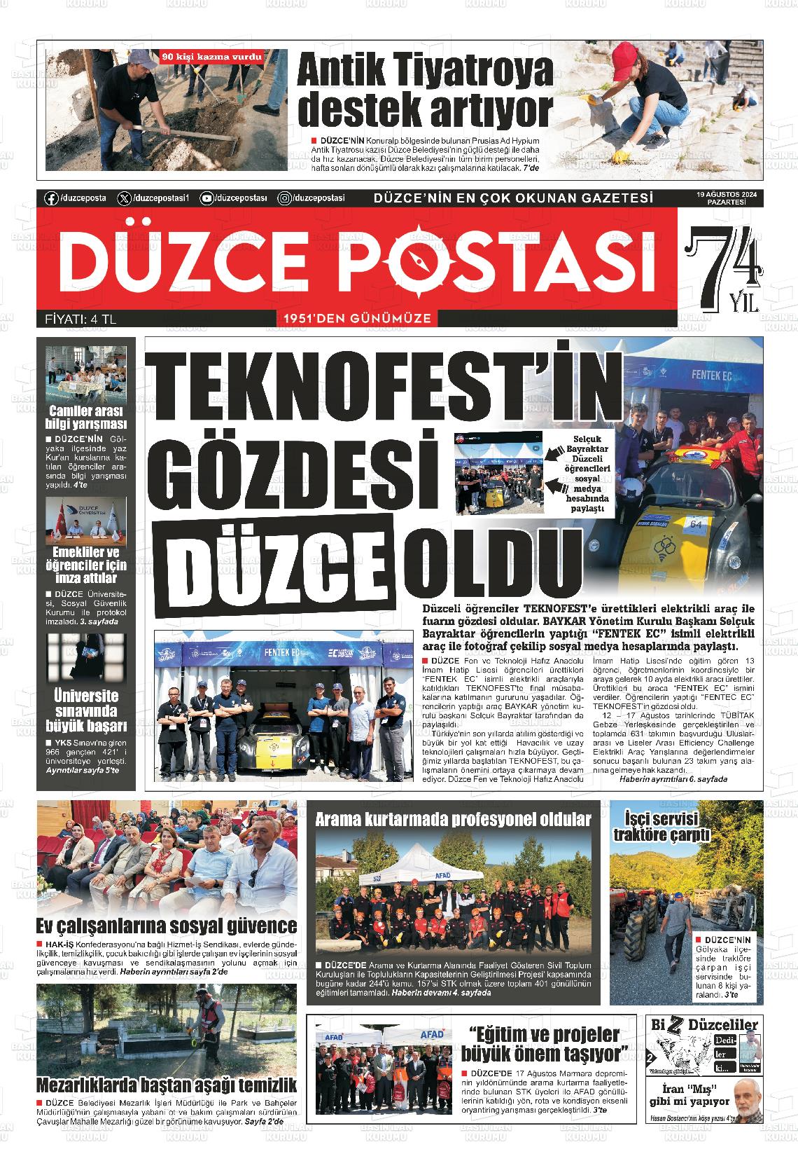 19 Ağustos 2024 Düzce Postası Gazete Manşeti