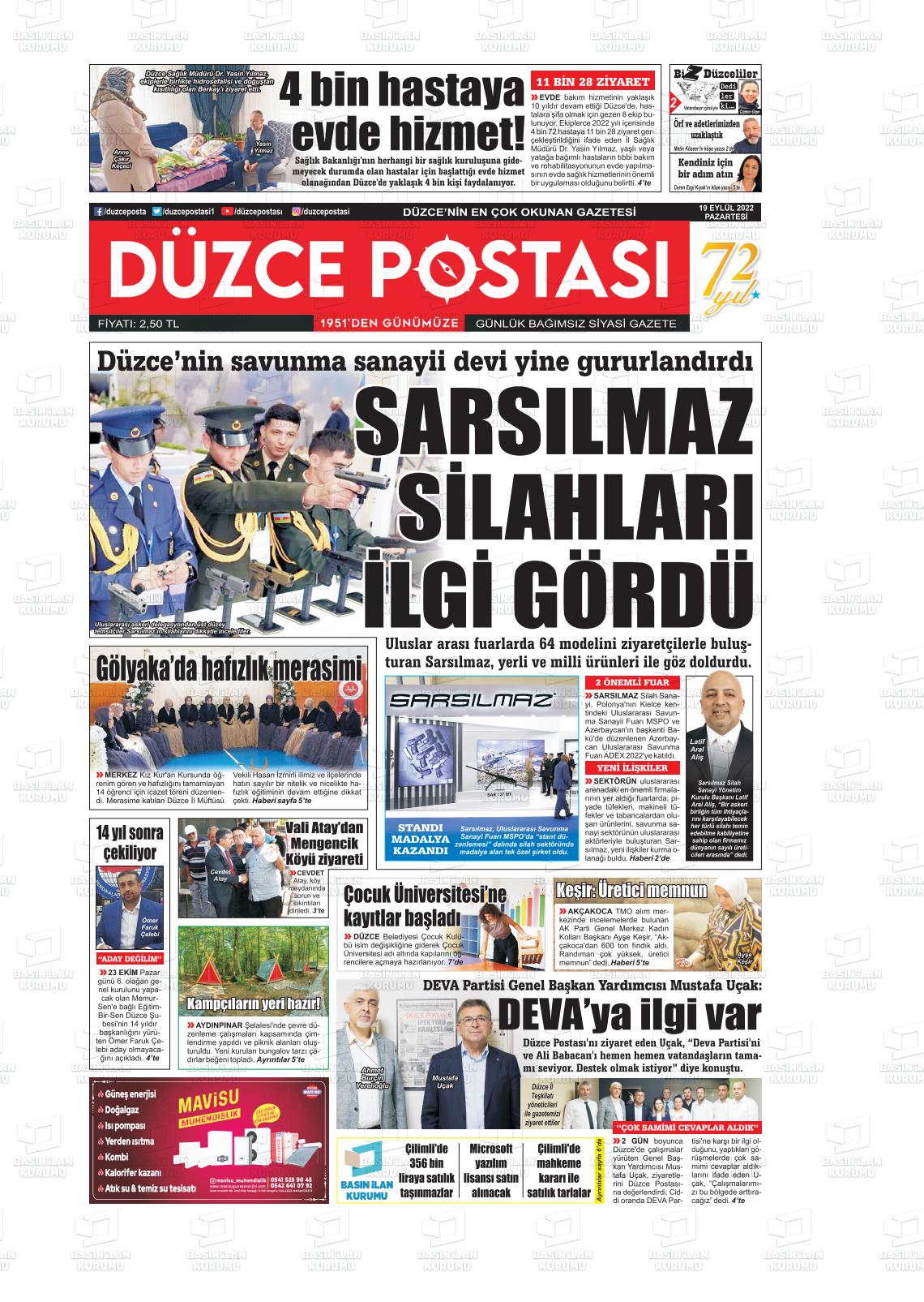 19 Eylül 2022 Düzce Postası Gazete Manşeti