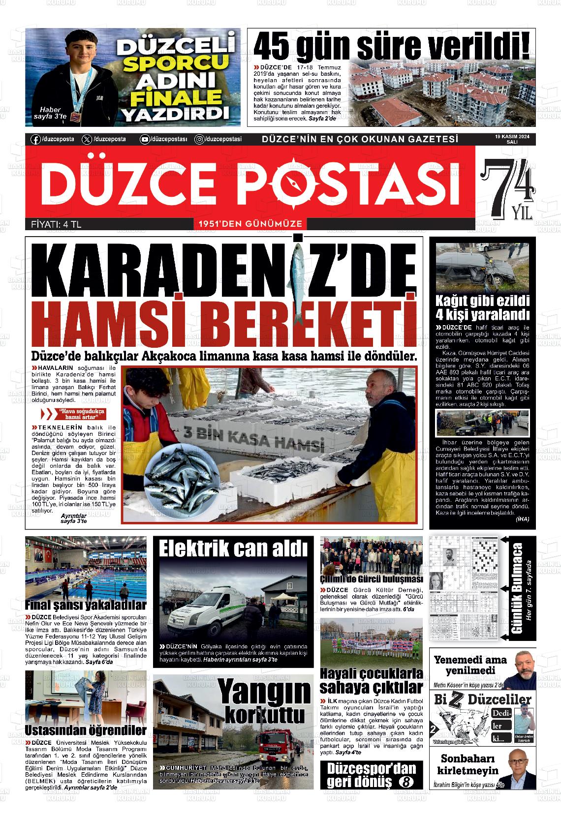 19 Kasım 2024 Düzce Postası Gazete Manşeti