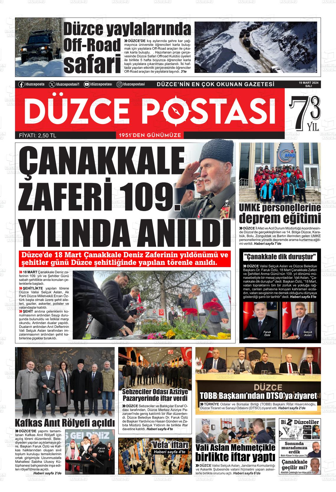 19 Mart 2024 Düzce Postası Gazete Manşeti