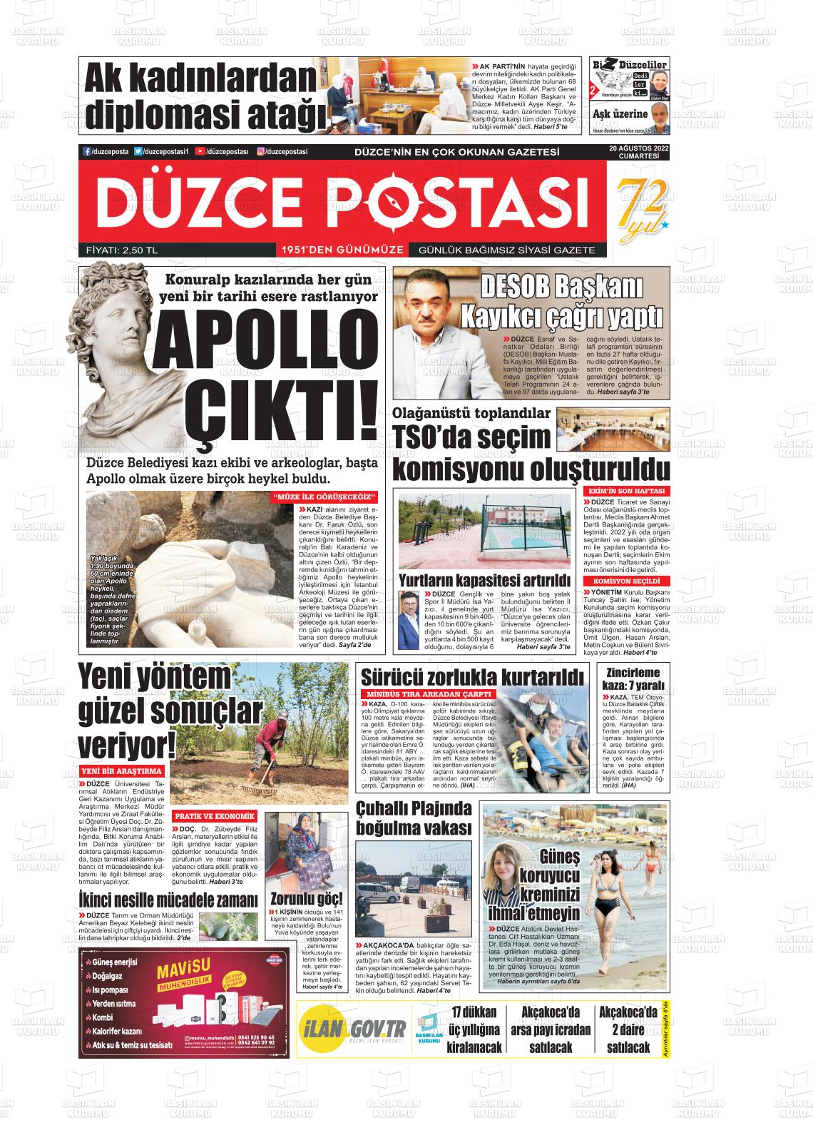 20 Ağustos 2022 Düzce Postası Gazete Manşeti