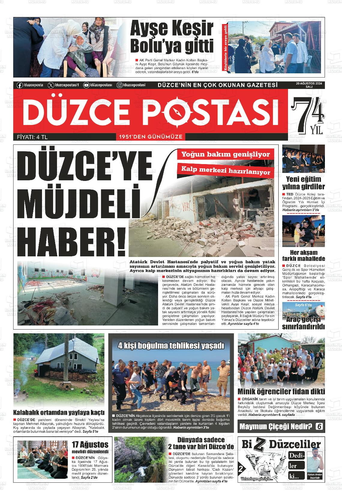 20 Ağustos 2024 Düzce Postası Gazete Manşeti