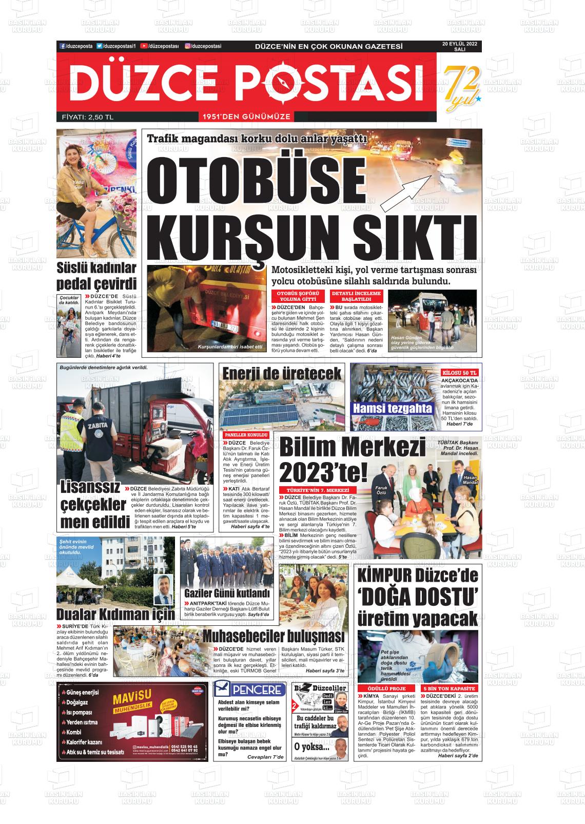 20 Eylül 2022 Düzce Postası Gazete Manşeti