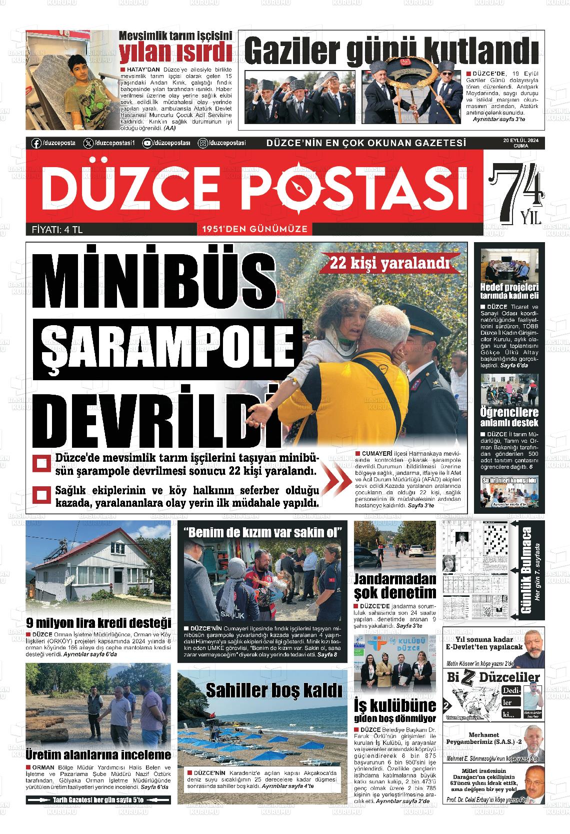 20 Eylül 2024 Düzce Postası Gazete Manşeti