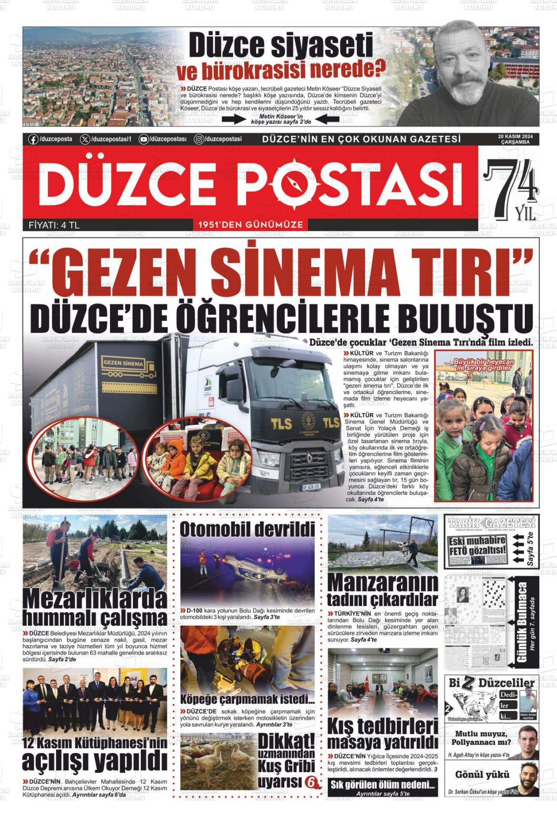 20 Kasım 2024 Düzce Postası Gazete Manşeti