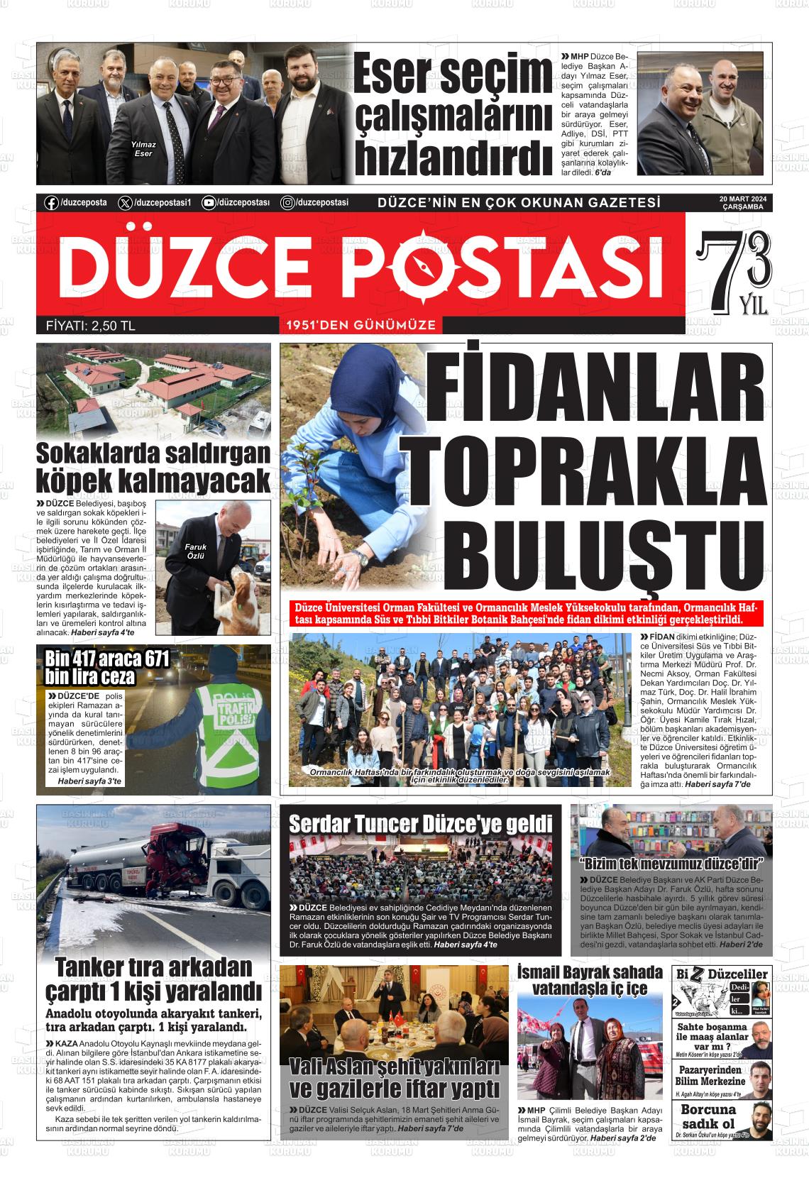 20 Mart 2024 Düzce Postası Gazete Manşeti