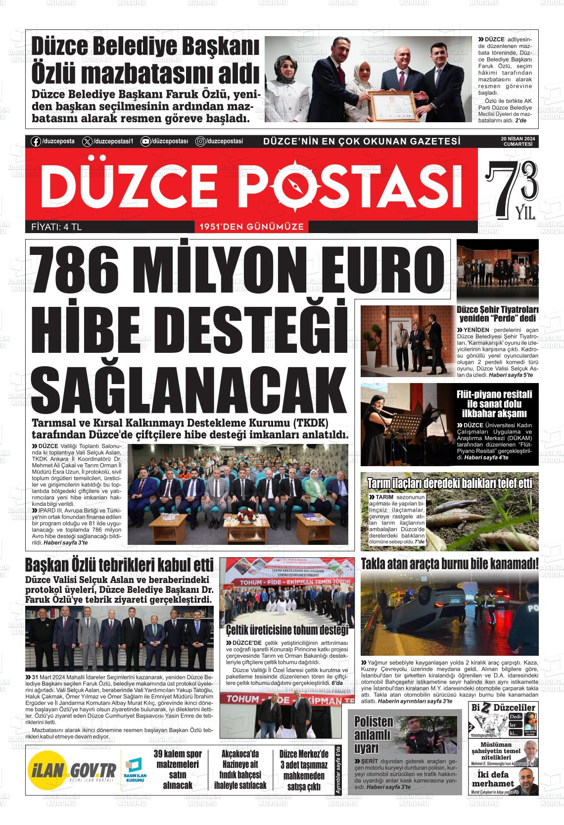 20 Nisan 2024 Düzce Postası Gazete Manşeti