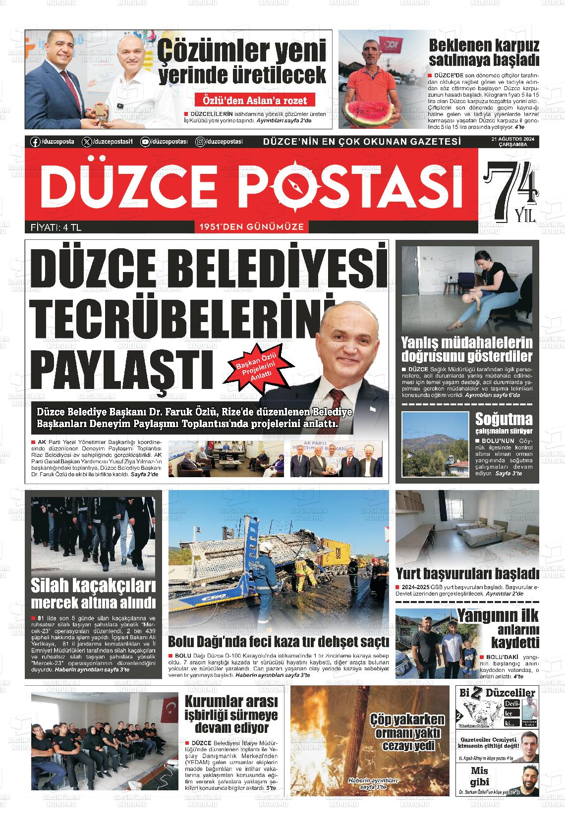 21 Ağustos 2024 Düzce Postası Gazete Manşeti