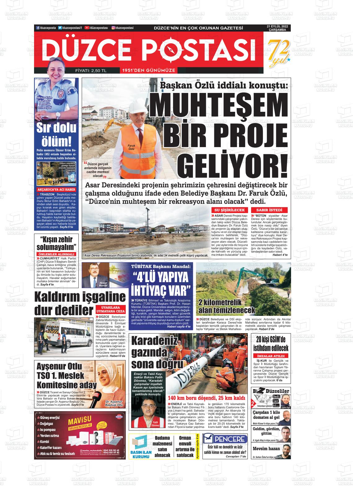 19 Kasım 2022 Düzce Postası Gazete Manşeti