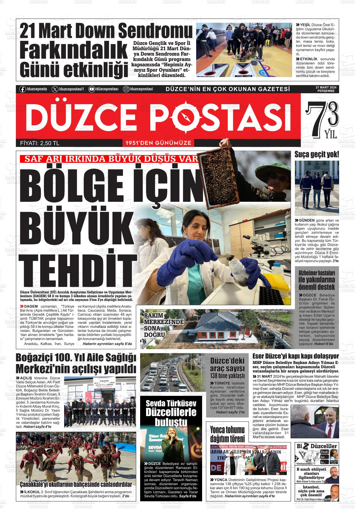 21 Mart 2024 Düzce Postası Gazete Manşeti