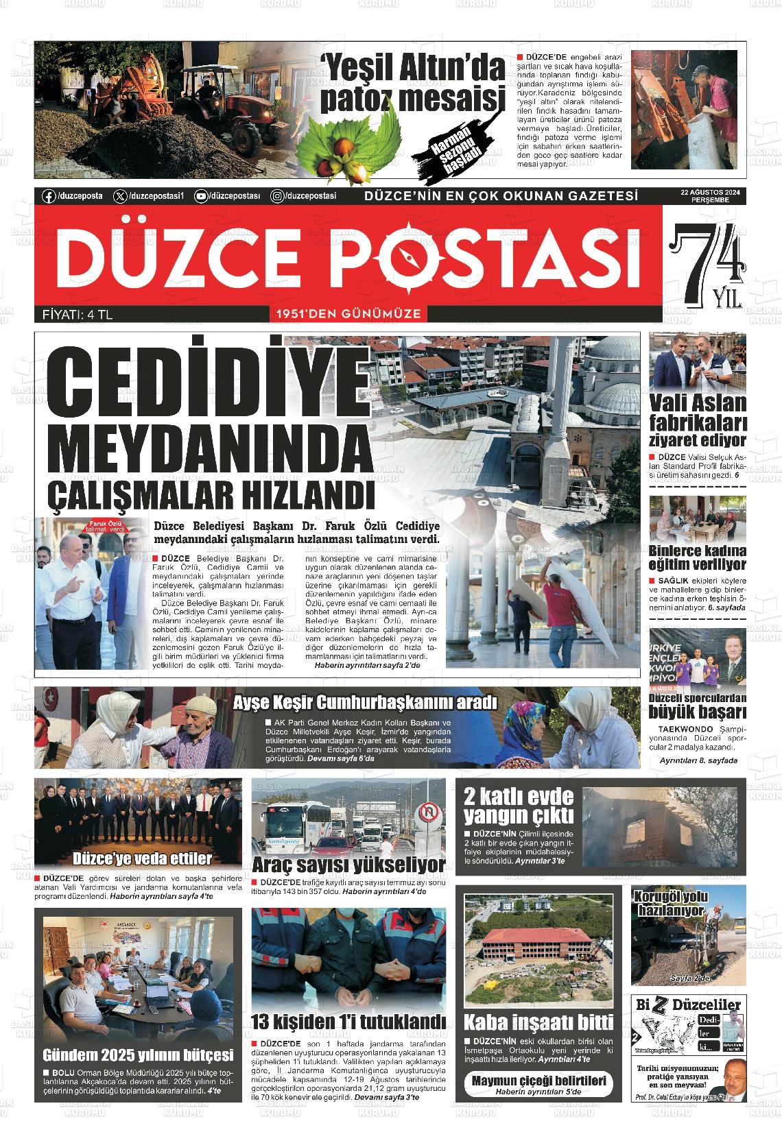 22 Ağustos 2024 Düzce Postası Gazete Manşeti